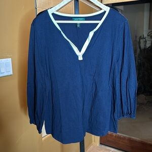 Lauren Ralph Lauren Tunic Long Sleeve V-Neck Navy Blue Top Size Large
